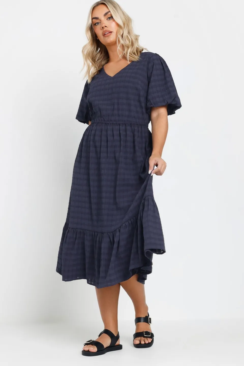 Dresses>YOURS Curve Blue Textured Check Midi Dress Navy