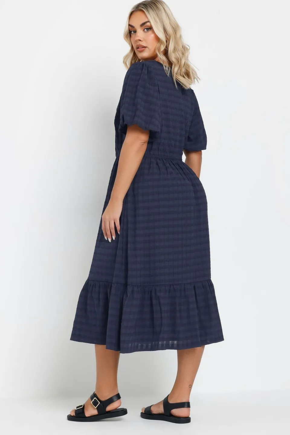 Dresses>YOURS Curve Blue Textured Check Midi Dress Navy