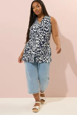 Tops>YOURS Curve Navy Blue Textured Ikat Sleeveless Shirt