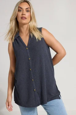 Tops>YOURS Curve Navy Blue Textured Sleeveless Shirt