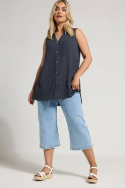 Tops>YOURS Curve Navy Blue Textured Sleeveless Shirt