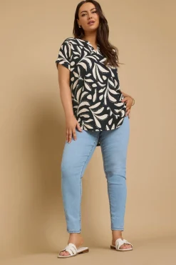 Tops>YOURS Curve Navy Blue Textured Leaf Print Notch Neck Top