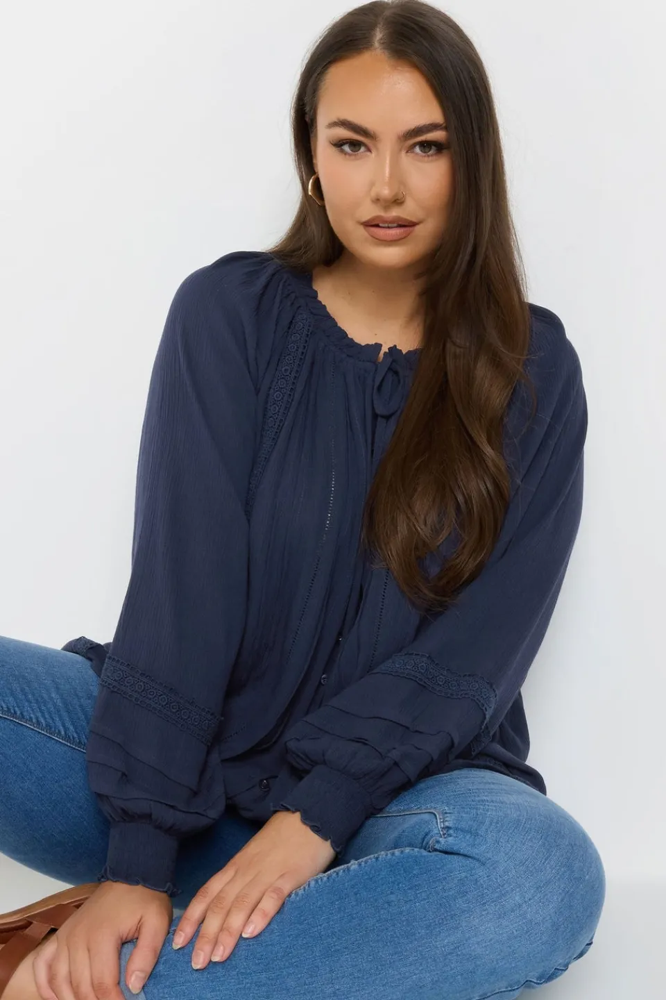 Tops>YOURS Curve Navy Blue Tie Neck Pintuck Top