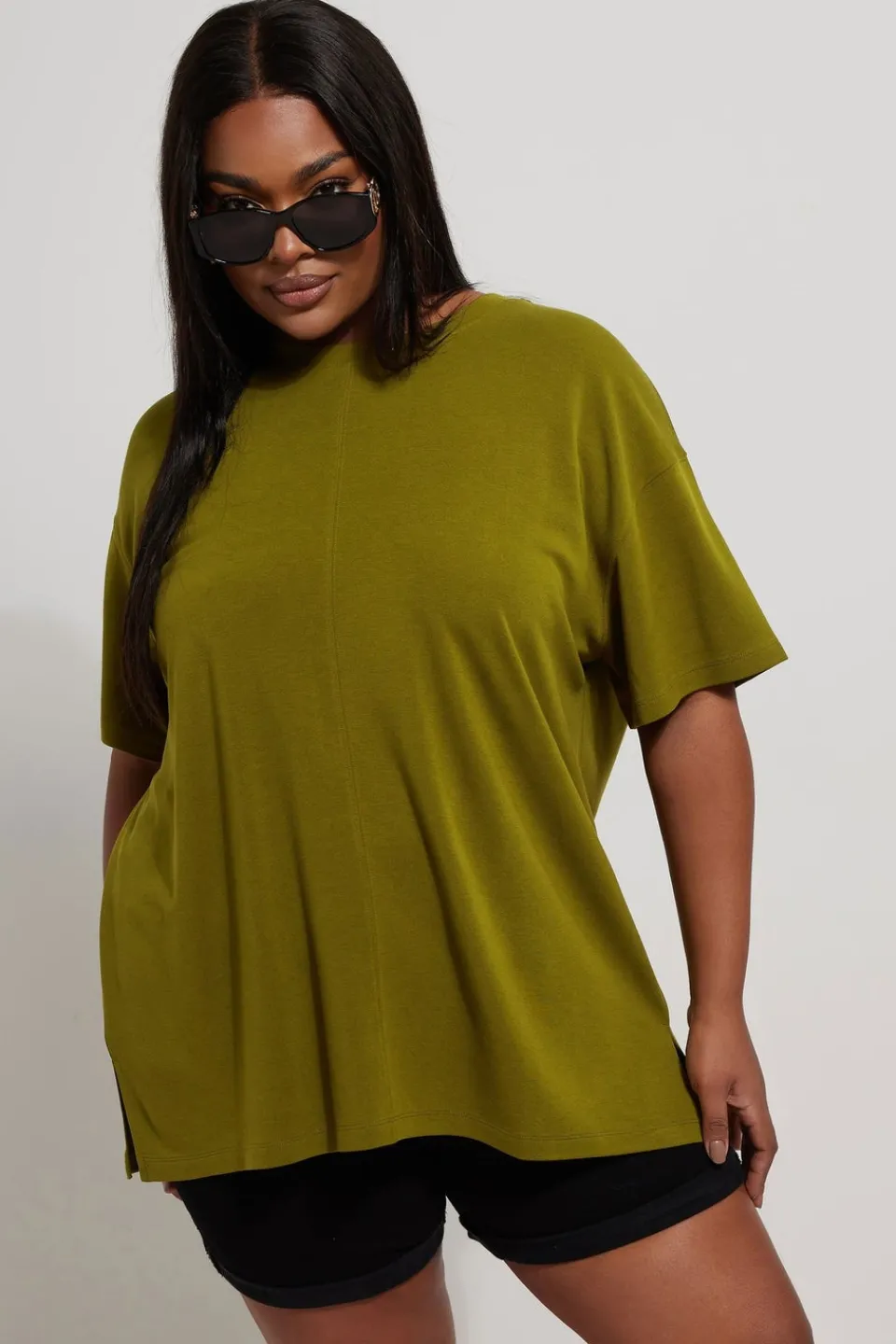 T-Shirts>YOURS Curve Olive Green Heavyweight Oversized T-Shirt