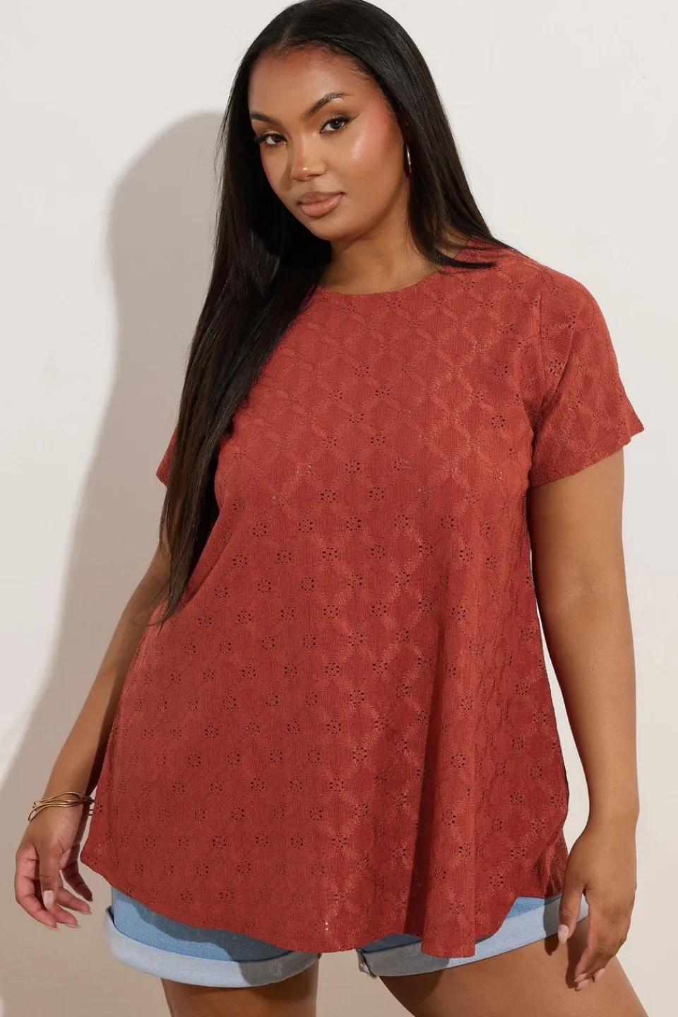 T-Shirts>YOURS Curve Orange Broderie Anglaise Textured Swing Top