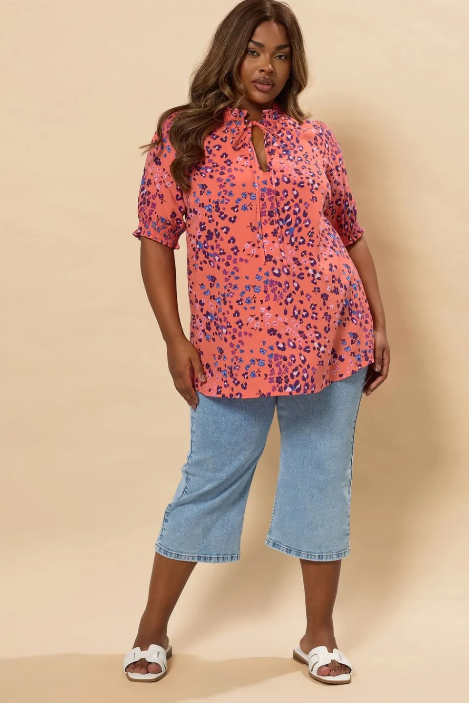 Tops>YOURS Curve Orange Floral Tie Neck Blouse