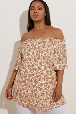 Tops>YOURS Curve Orange Textured Leaf Print Bardot Top