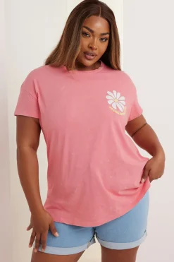 T-Shirts>YOURS Curve Pink Acid Wash 'Focus On The Good' Daisy Back Print T-Shirt