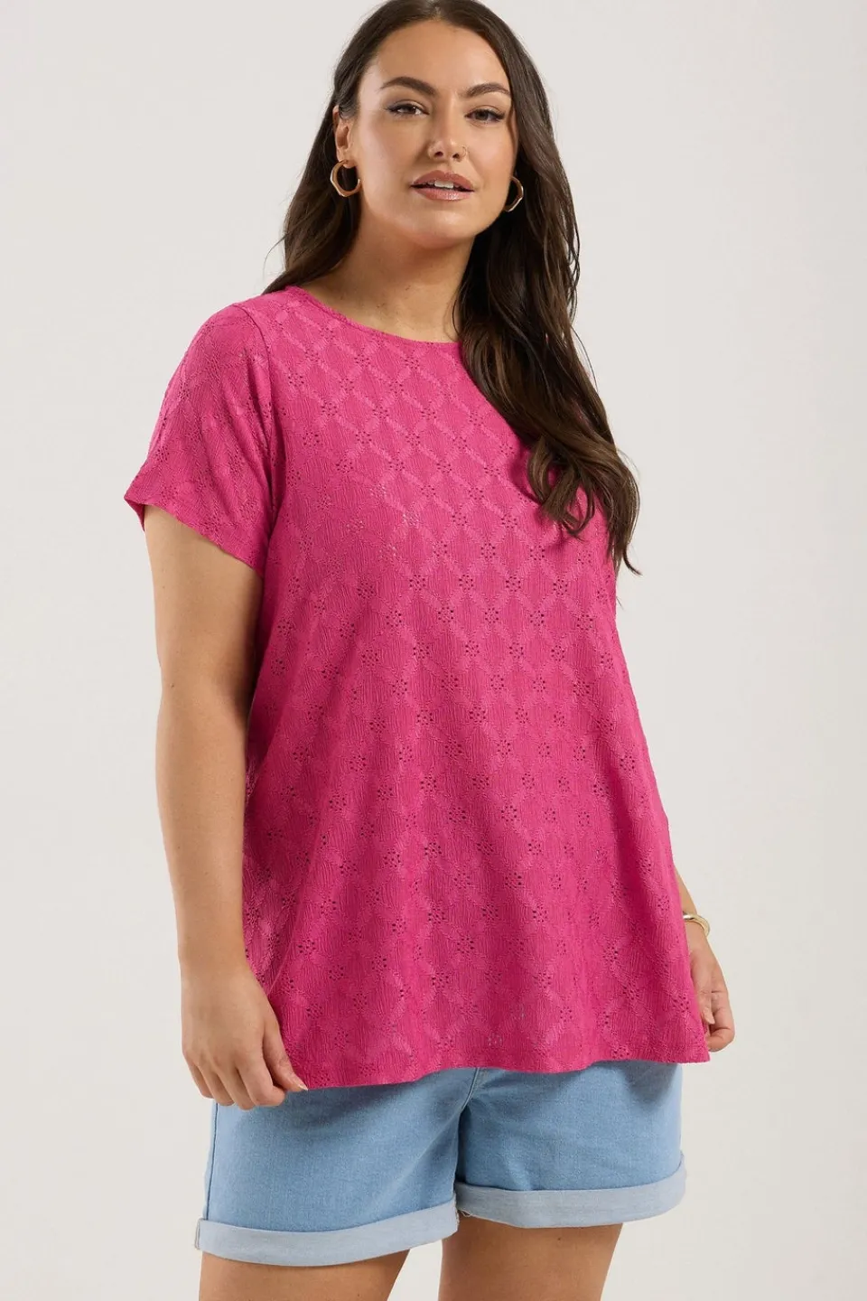 T-Shirts>YOURS Curve Pink Broderie Anglaise Textured Swing Top