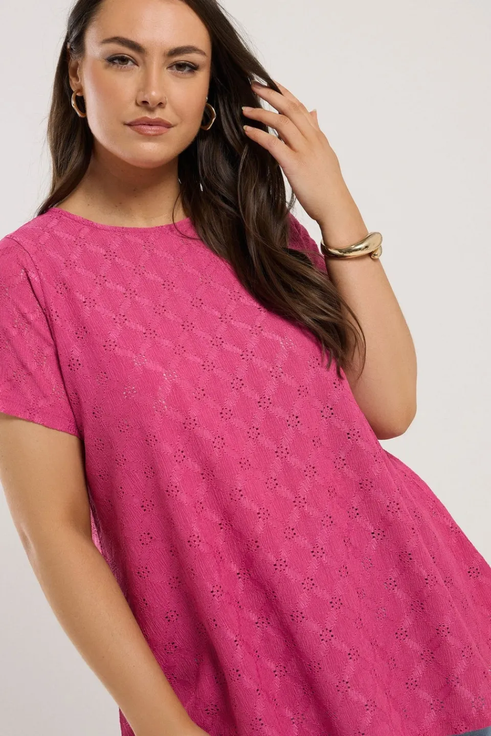 T-Shirts>YOURS Curve Pink Broderie Anglaise Textured Swing Top