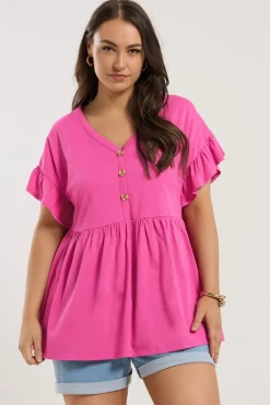 T-Shirts>YOURS Curve Pink Button Frill Sleeve Peplum Top
