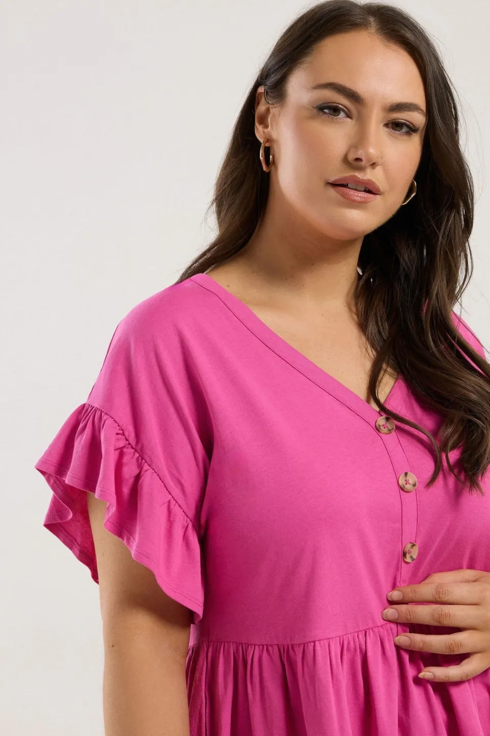 T-Shirts>YOURS Curve Pink Button Frill Sleeve Peplum Top
