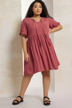 Dresses>YOURS Curve Pink Crochet Trim Tie Neck Mini Dress