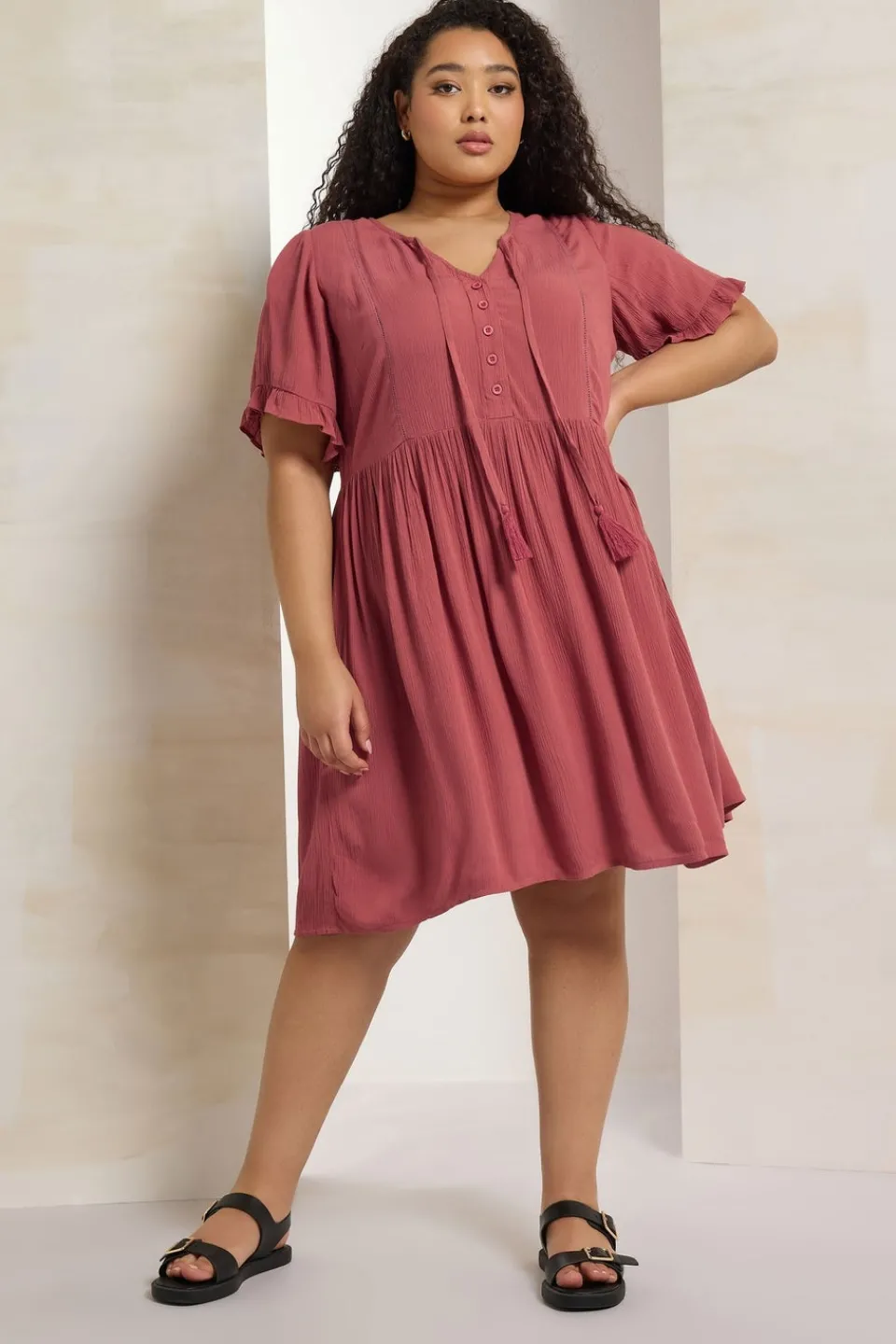 Dresses>YOURS Curve Pink Crochet Trim Tie Neck Mini Dress