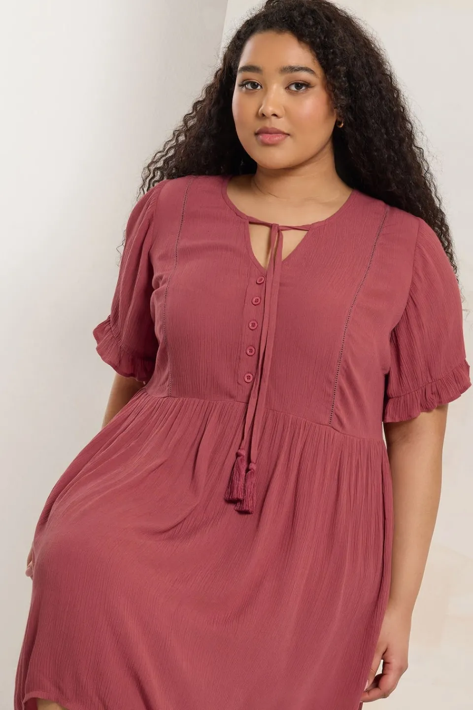 Dresses>YOURS Curve Pink Crochet Trim Tie Neck Mini Dress