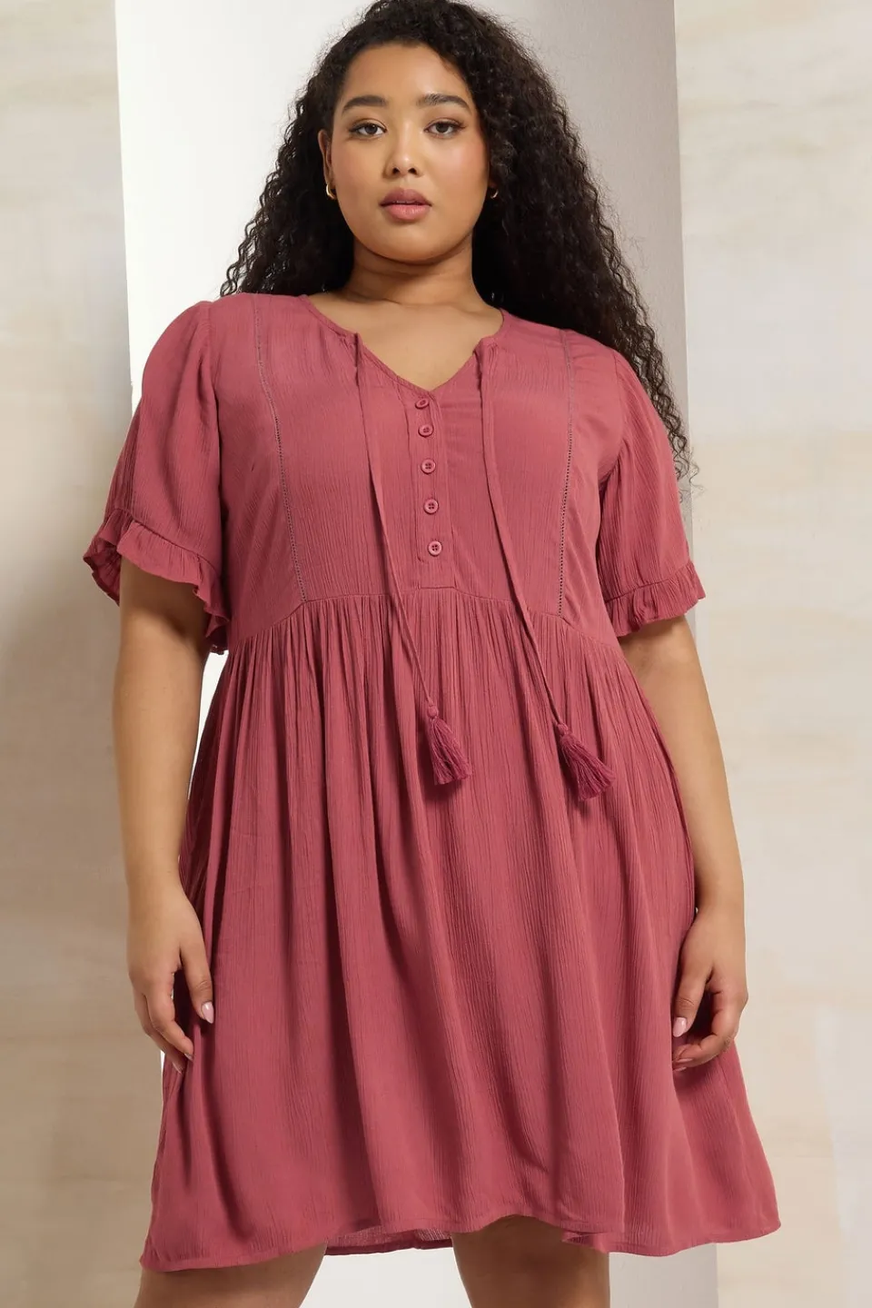 Dresses>YOURS Curve Pink Crochet Trim Tie Neck Mini Dress