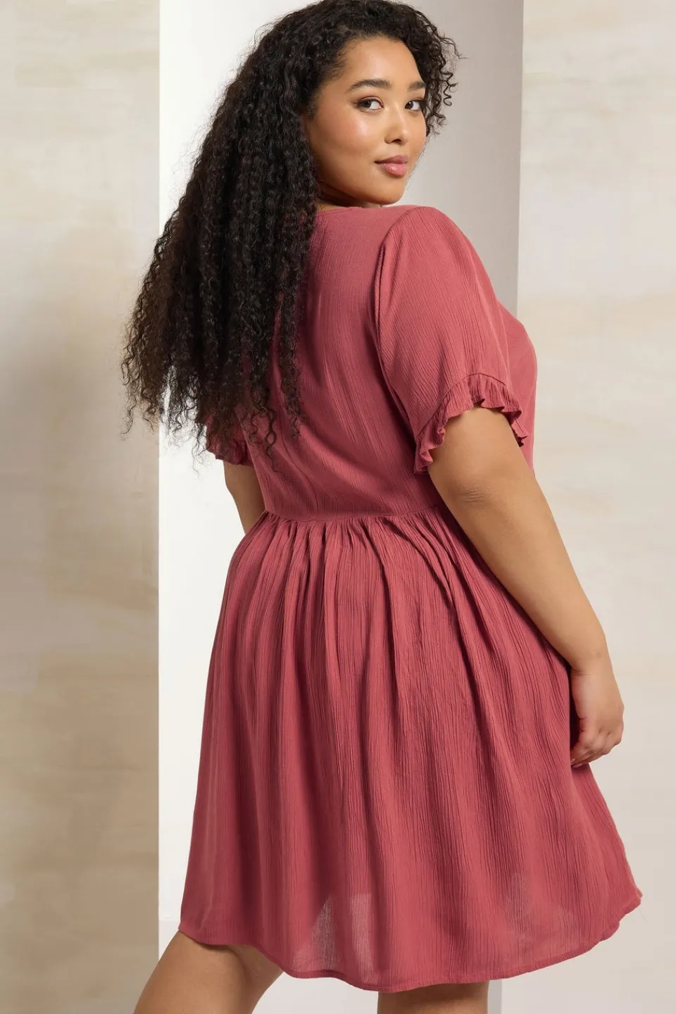 Dresses>YOURS Curve Pink Crochet Trim Tie Neck Mini Dress