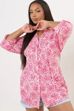 Blouses & Shirts>YOURS Curve Pink Floral Print Pintuck Blouse