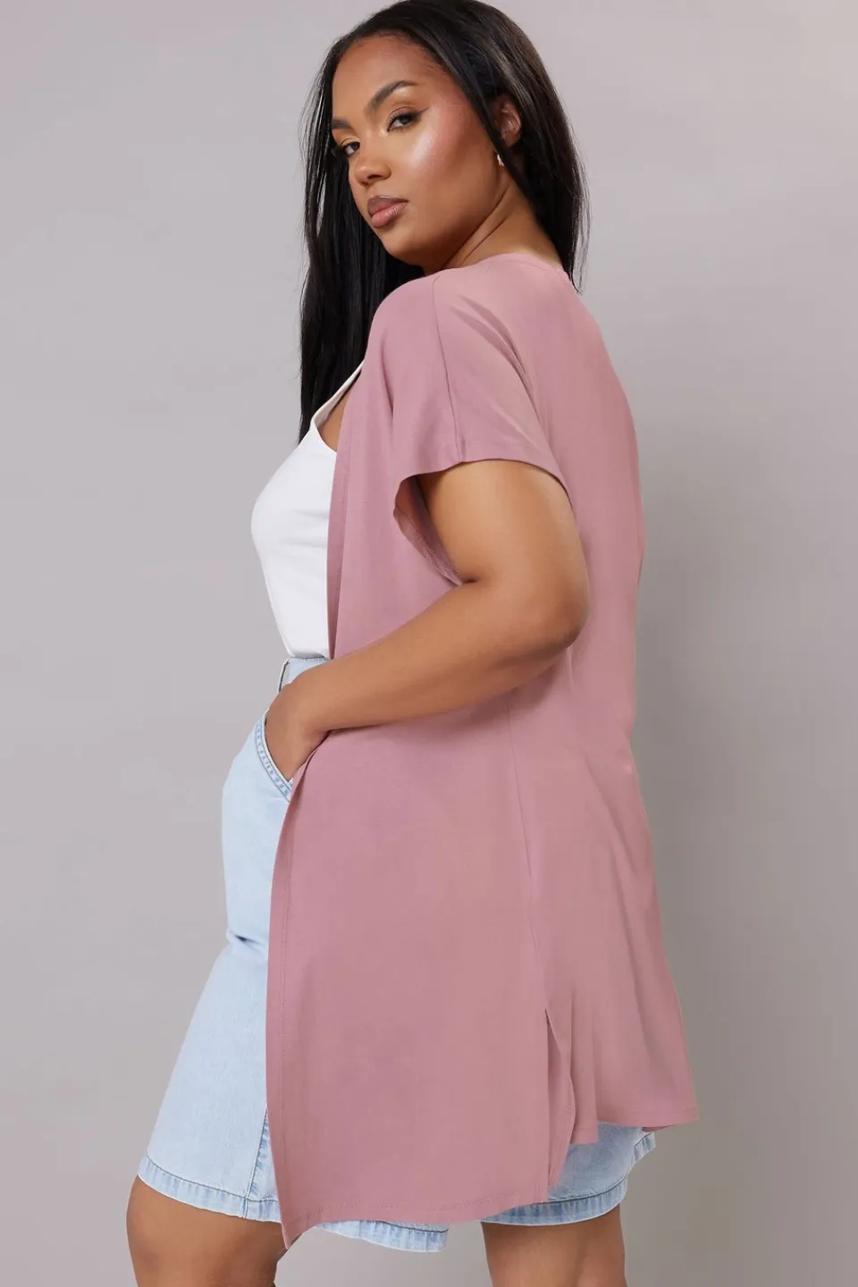 Tops>YOURS Curve Pink Grown On Sleeve Jersey Cardigan