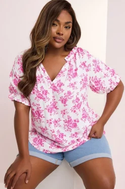 Tops>YOURS Curve Pink Rose Print Notch Neck Blouse