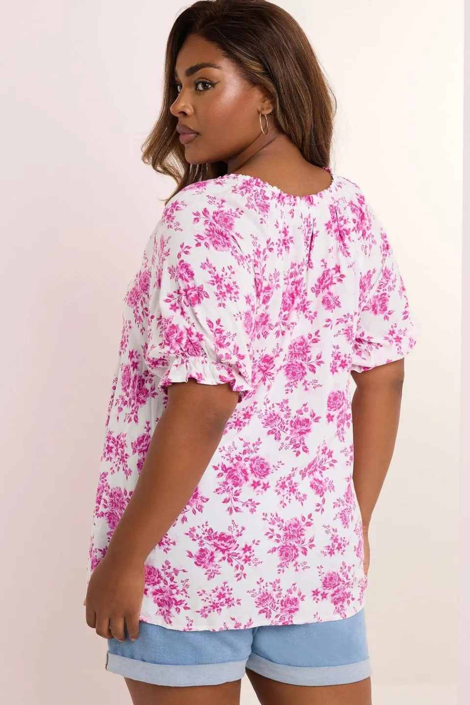 Tops>YOURS Curve Pink Rose Print Notch Neck Blouse