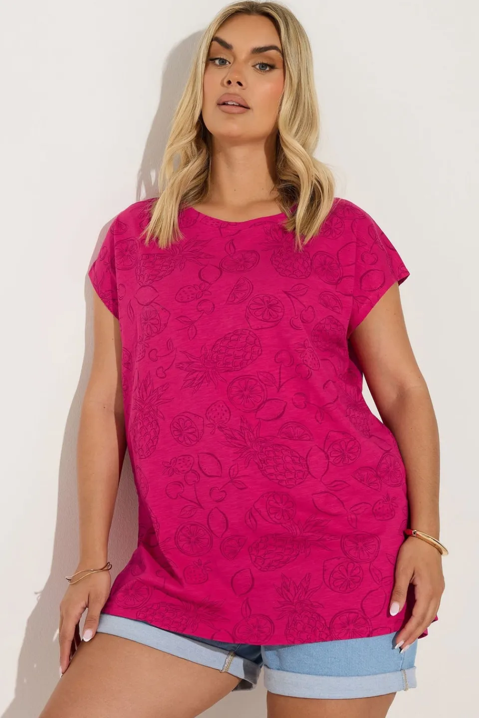 T-Shirts>YOURS Curve Pink Tropical Fruit Print T-Shirt
