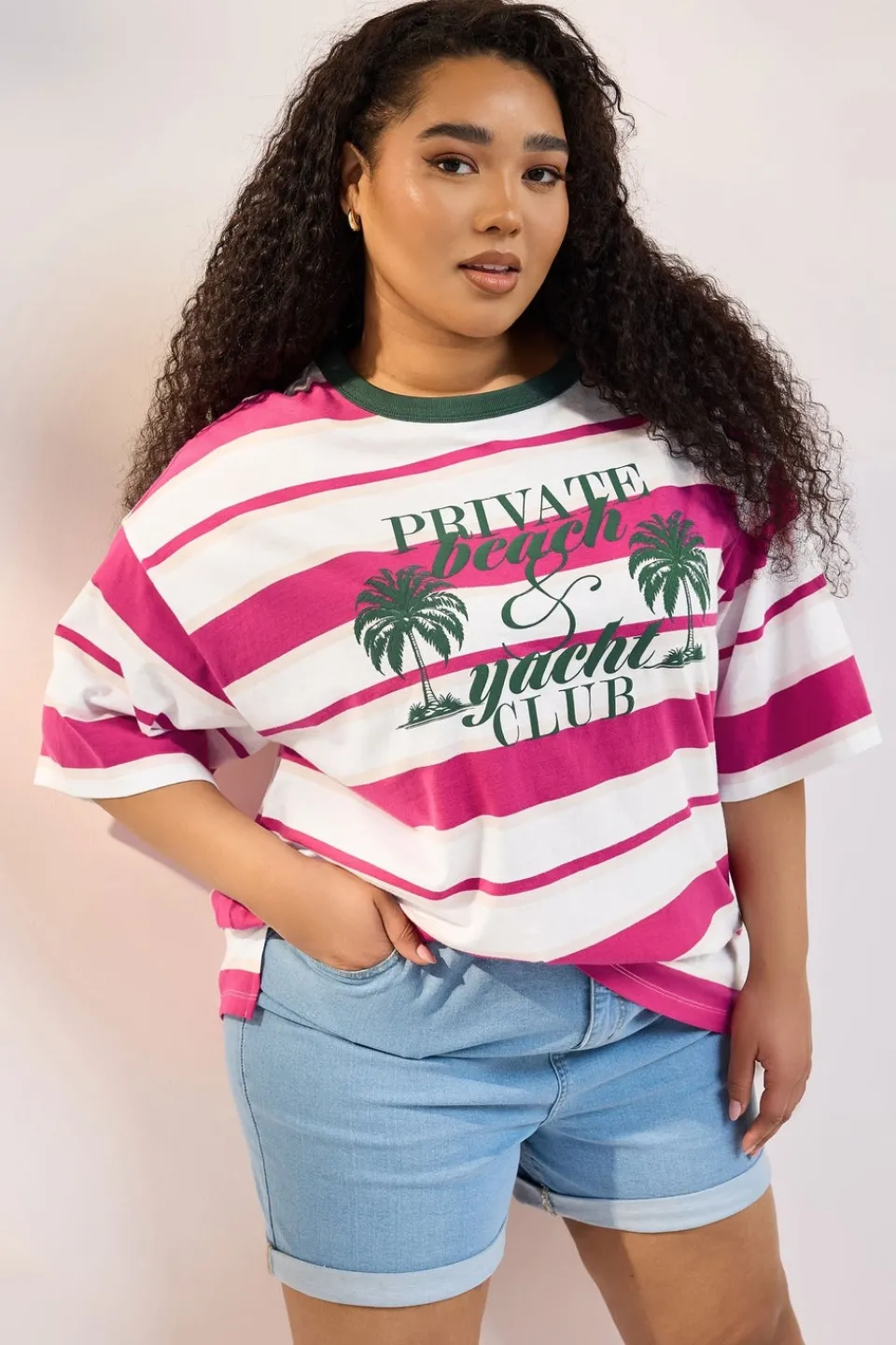 T-Shirts>YOURS Curve Pink 'Beach Club' Slogan Stripe T-Shirt