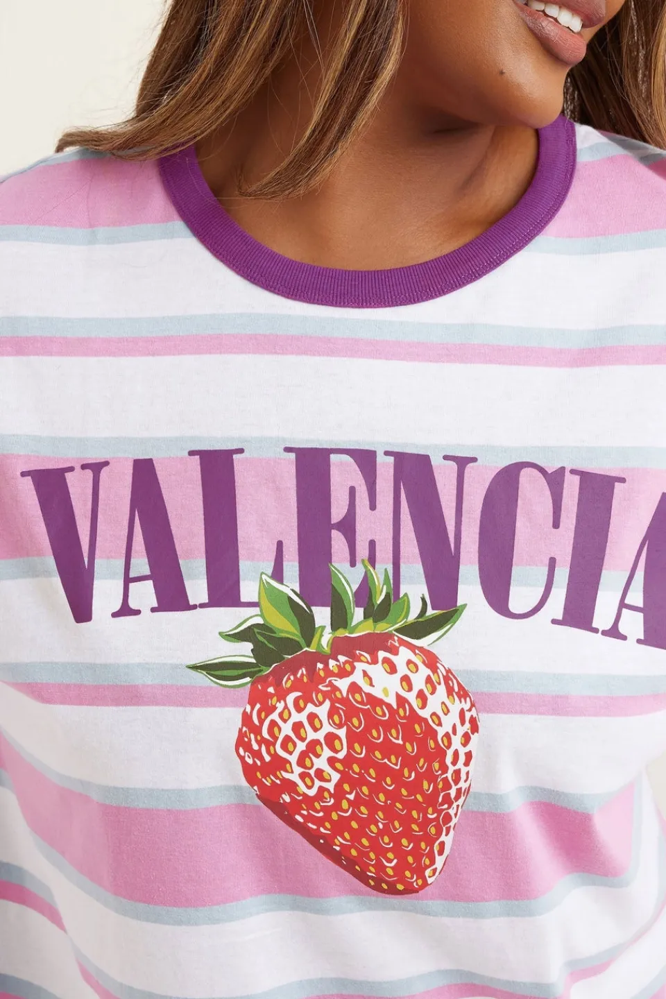 T-Shirts>YOURS Curve Pink 'Valencia' Slogan Stripe T-Shirt