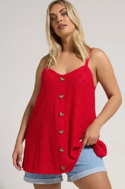 Tops>YOURS Curve Red Broderie Anglaise Button Vest Top