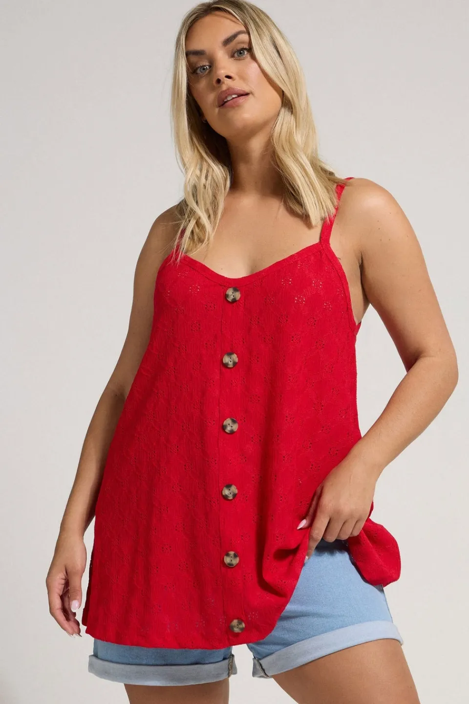 Tops>YOURS Curve Red Broderie Anglaise Button Vest Top