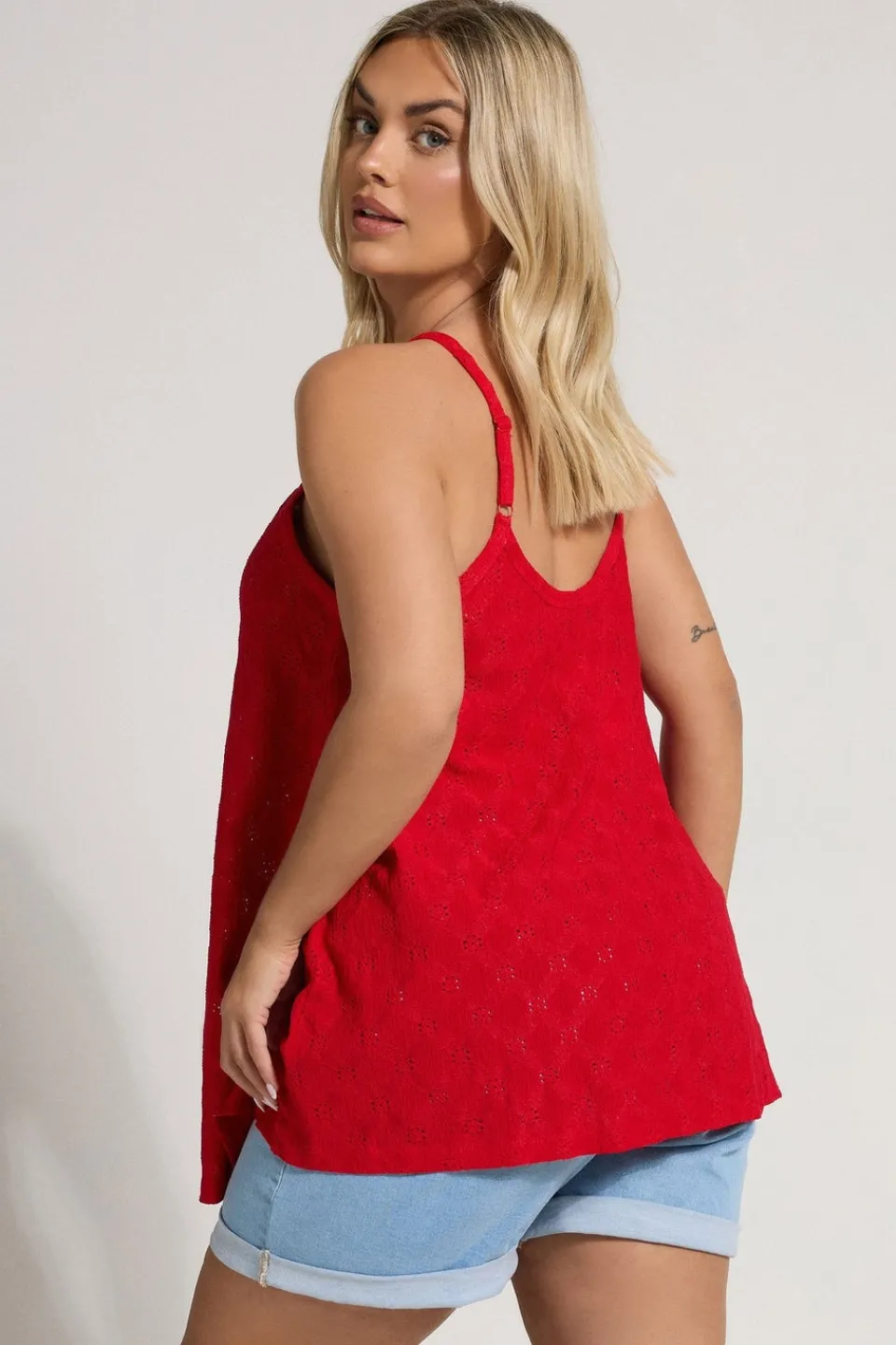 Tops>YOURS Curve Red Broderie Anglaise Button Vest Top