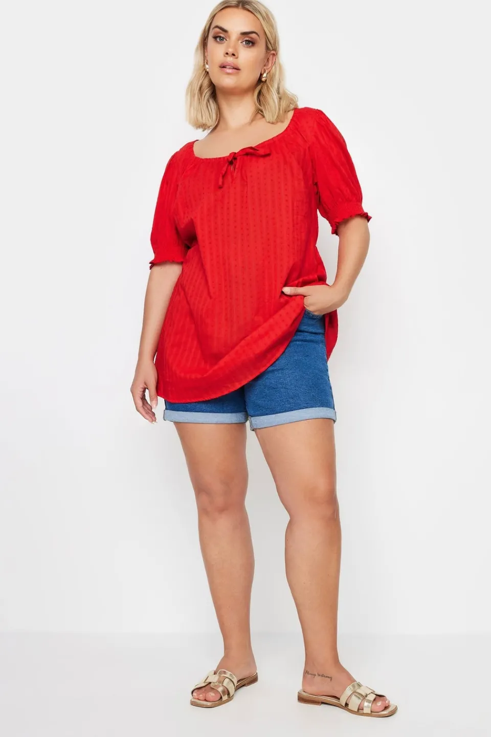 Blouses & Shirts>YOURS Curve Red Dobby Tie Neck Blouse