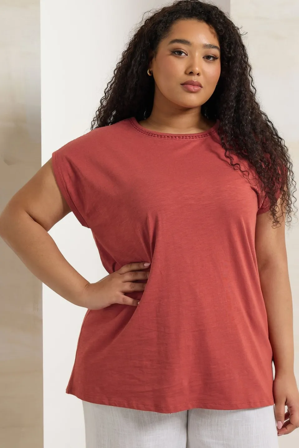 T-Shirts>YOURS Curve Rust Orange Crochet Trim Detail T-Shirt