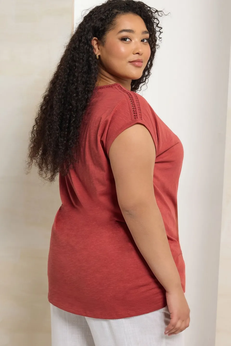 T-Shirts>YOURS Curve Rust Orange Crochet Trim Detail T-Shirt