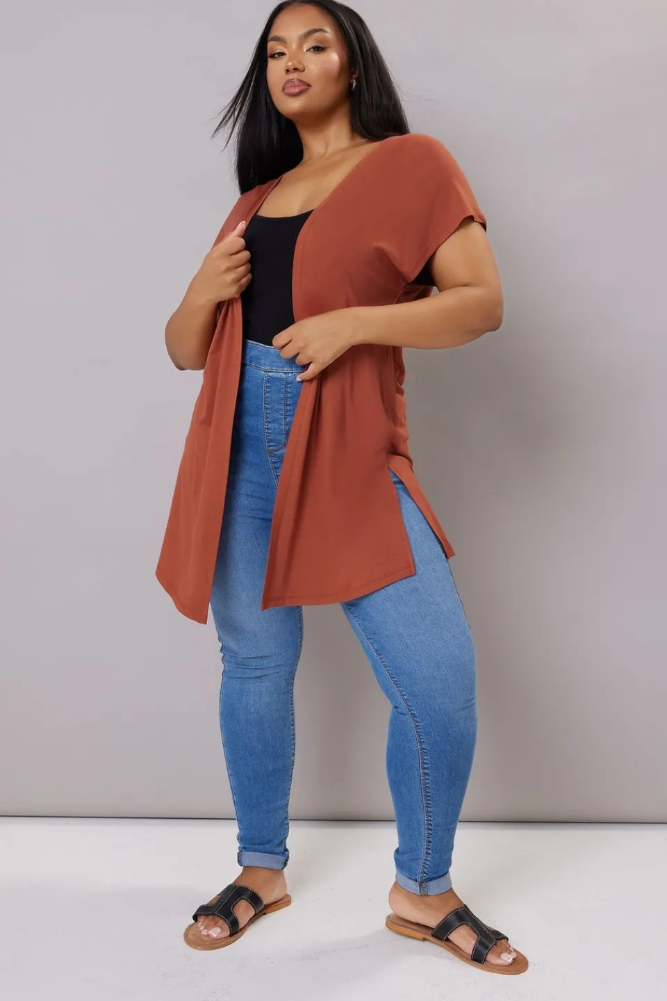 Tops>YOURS Curve Rust Orange Grown On Sleeve Jersey Cardigan