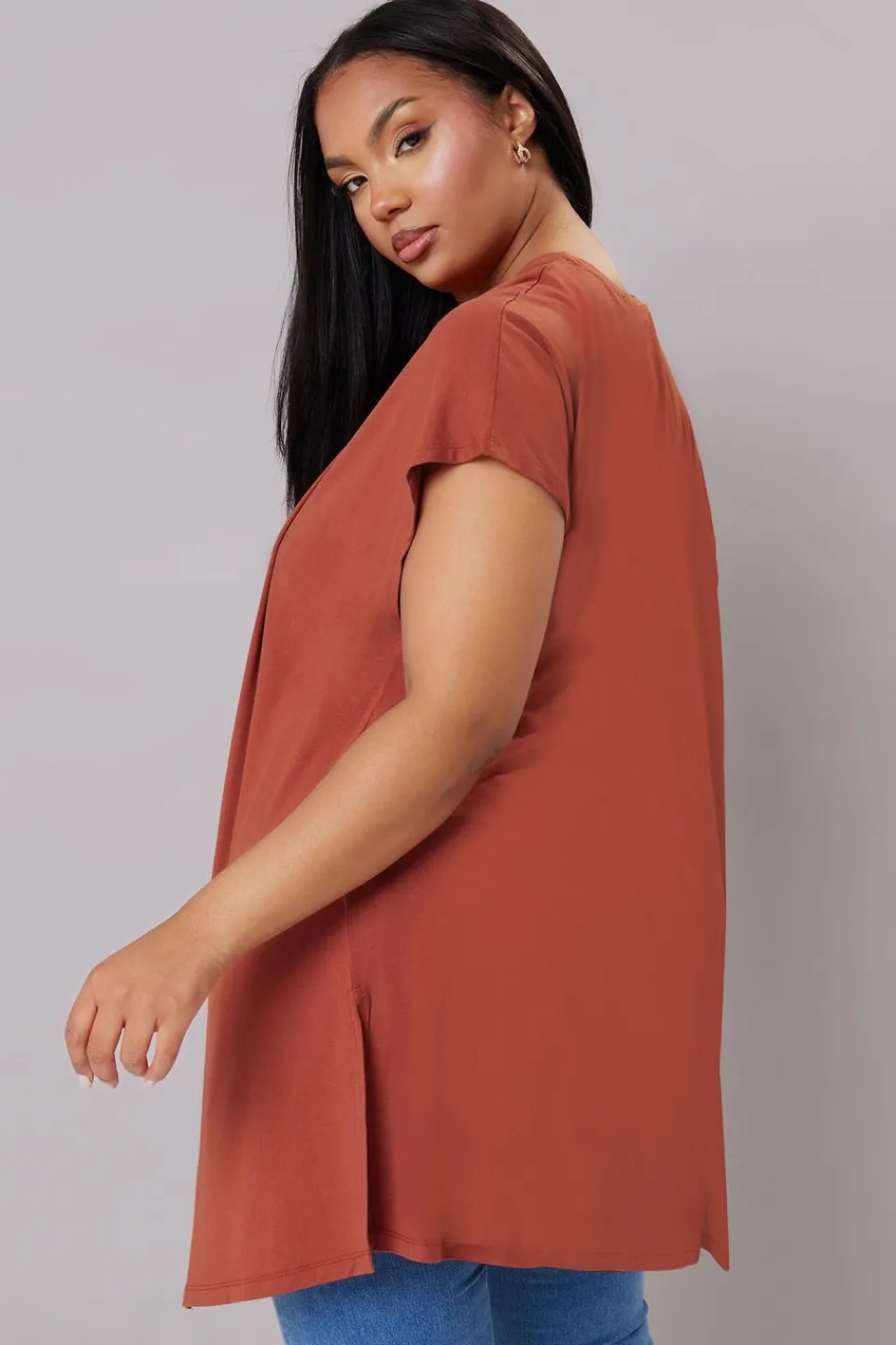Tops>YOURS Curve Rust Orange Grown On Sleeve Jersey Cardigan
