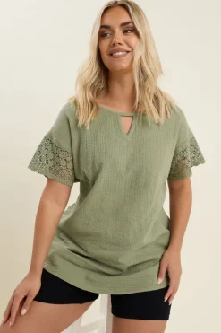 T-Shirts>YOURS Curve Sage Green Cheesecloth Crochet Top