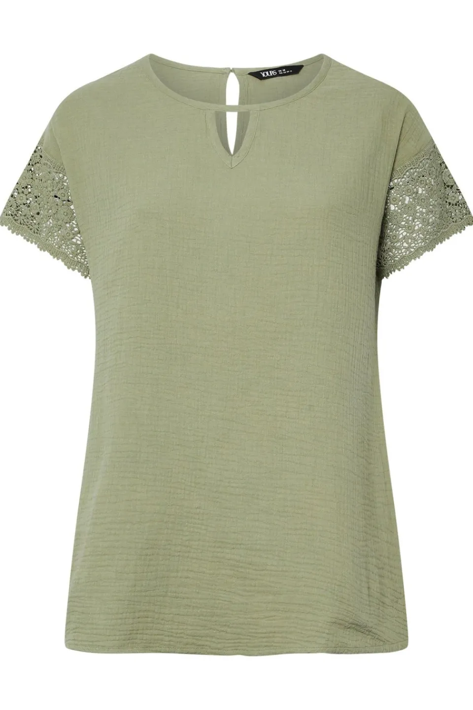 T-Shirts>YOURS Curve Sage Green Cheesecloth Crochet Top