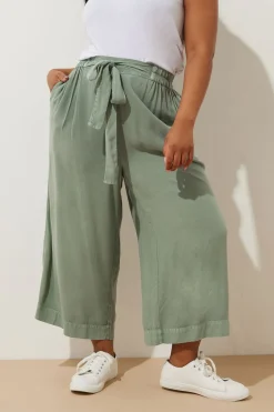 Trousers>YOURS Curve Sage Green Chambray Tie Waist Cropped Trousers