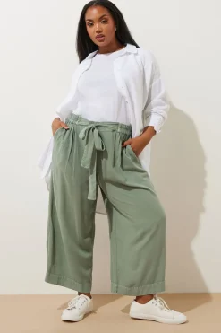 Trousers>YOURS Curve Sage Green Chambray Tie Waist Cropped Trousers