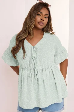 Tops>YOURS Curve Sage Green Ditsy Floral Tie Front Peplum Top