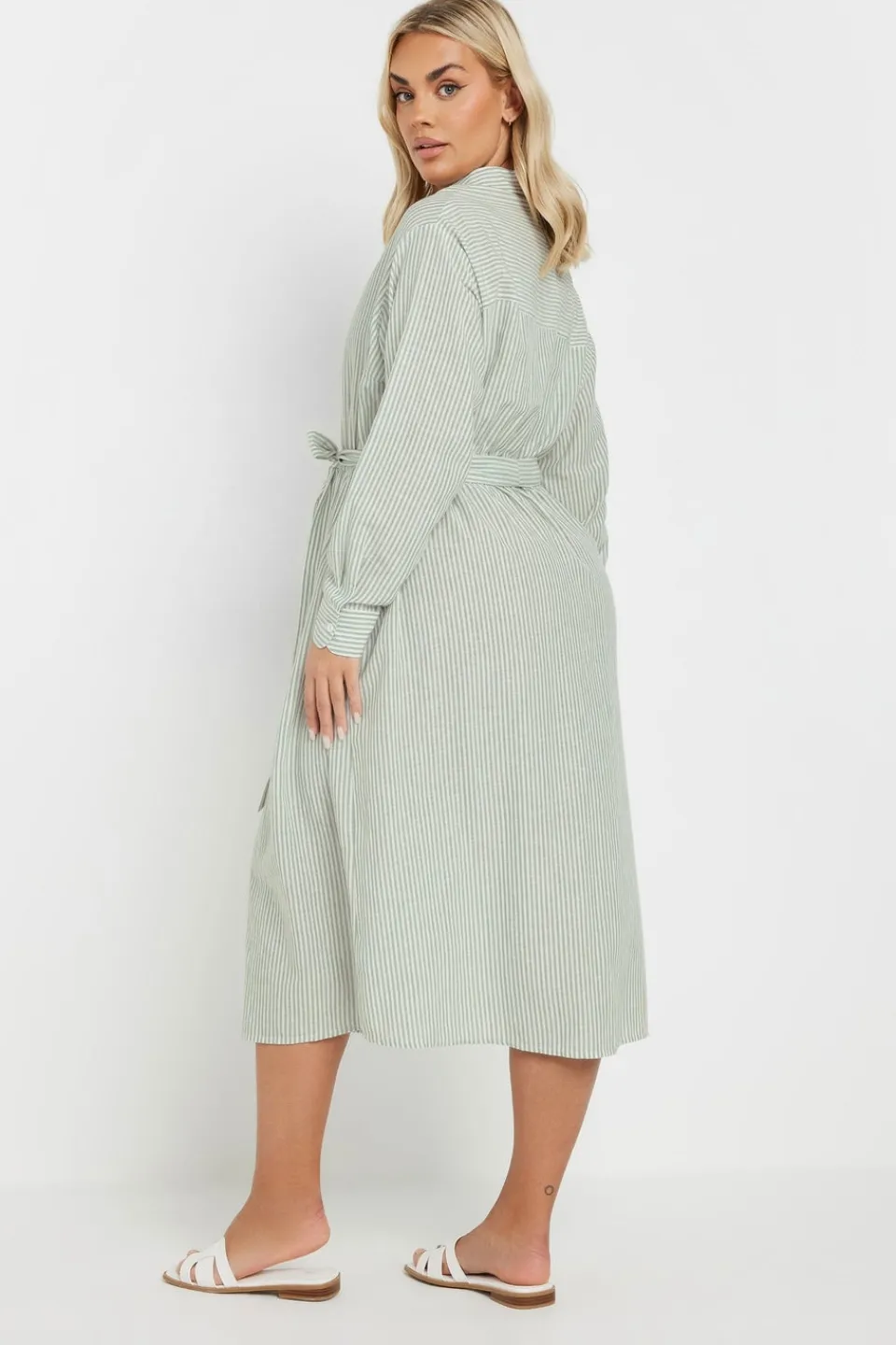 Dresses>YOURS Curve Sage Green Linen Stripe Shirt Dress