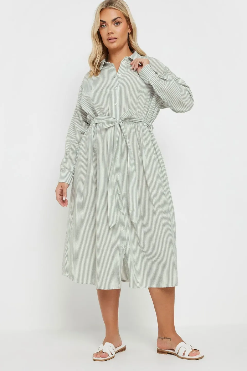 Dresses>YOURS Curve Sage Green Linen Stripe Shirt Dress