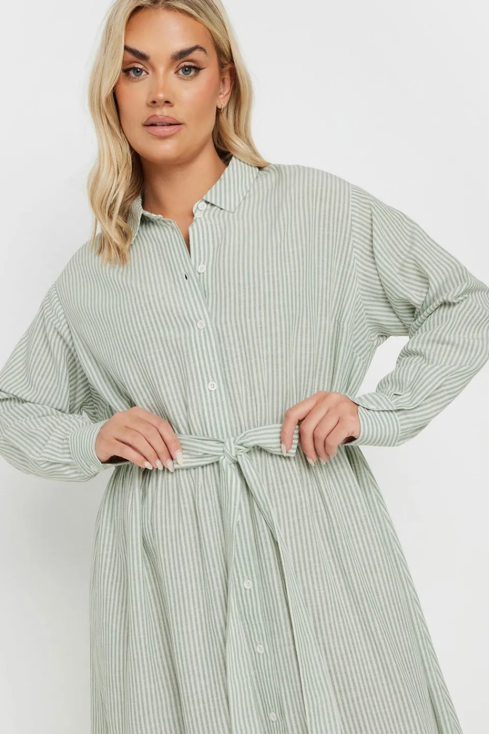 Dresses>YOURS Curve Sage Green Linen Stripe Shirt Dress