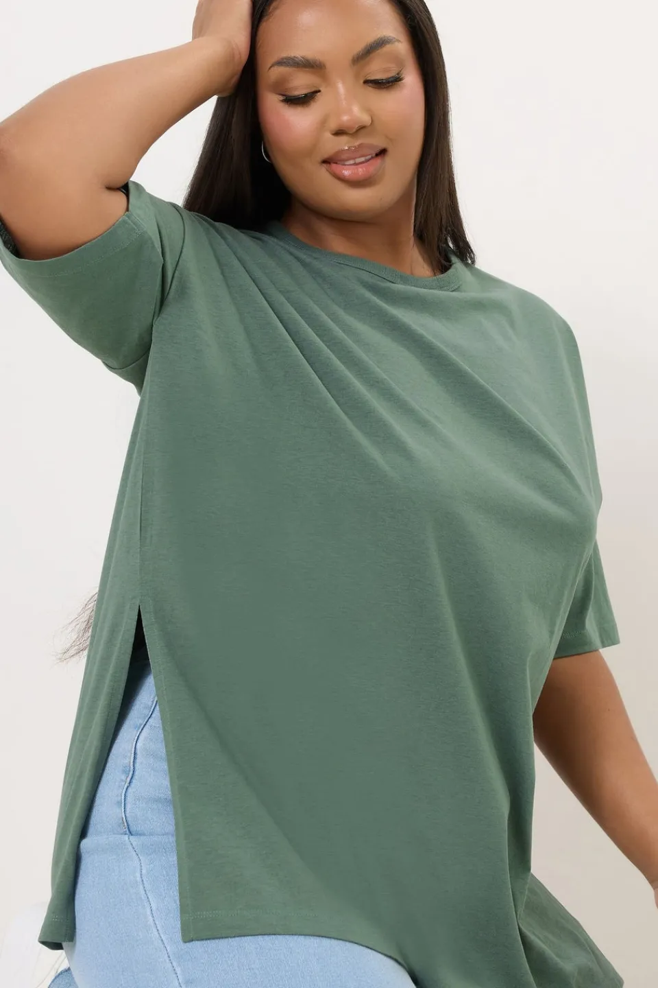 T-Shirts>YOURS Curve Sage Green Oversized Side Split T-Shirt