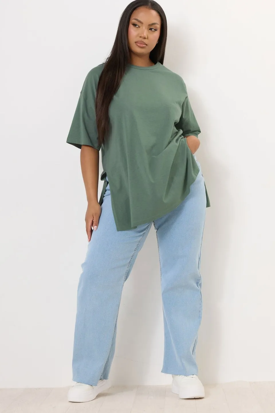 T-Shirts>YOURS Curve Sage Green Oversized Side Split T-Shirt