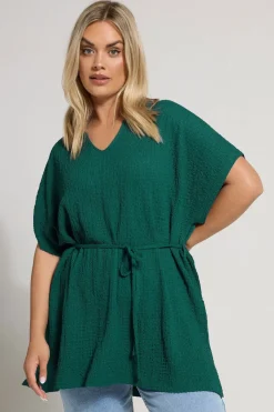 Tops>YOURS Curve Teal Green Belted Textured Tunic Top