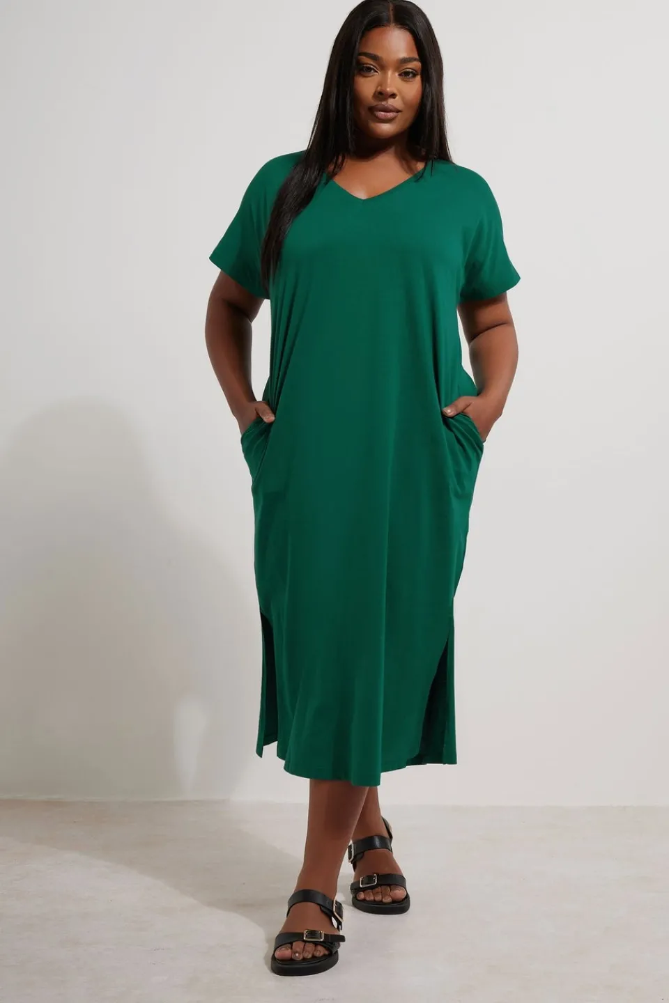 Dresses>YOURS Curve Teal Green Grown On Sleeve Midi Dress
