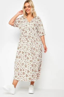 Dresses>YOURS Curve White & Pink Vintage Floral Textured Midaxi Dress