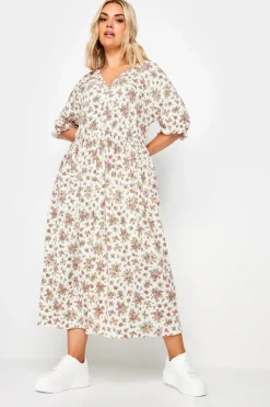 Dresses>YOURS Curve White & Pink Vintage Floral Textured Midaxi Dress